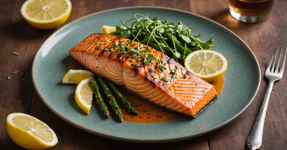 A freshly prepared dish of grilled red king salmon garnished with herbs and lemon