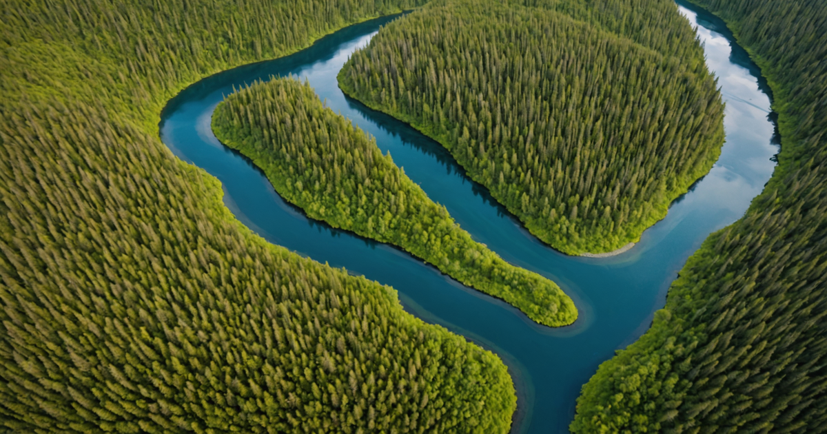 Aerial view of a river in Alaska with king salmon swimming upstream