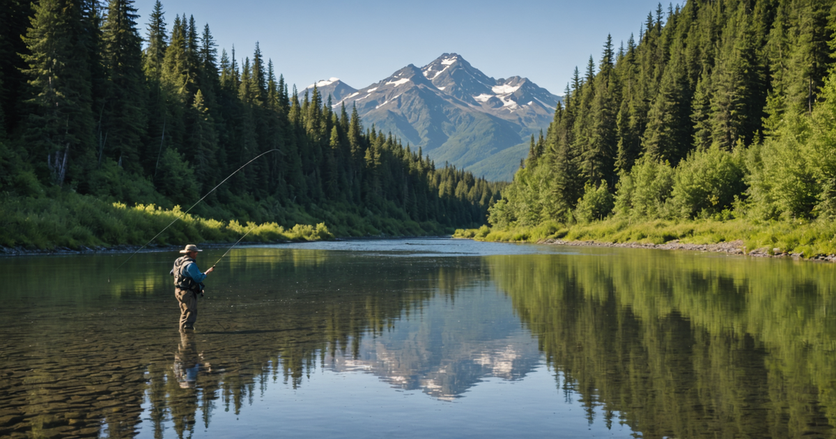 Angler casting a line in a serene Alaskan river