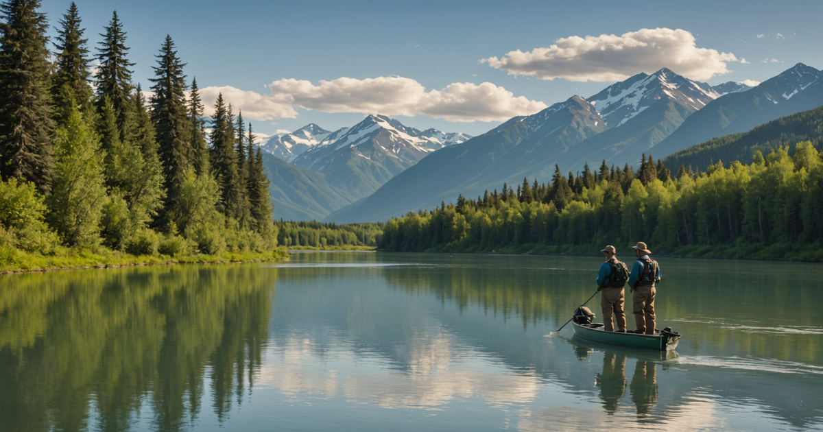 Stunning view of the Kenai River with anglers fishing for Chinook salmon