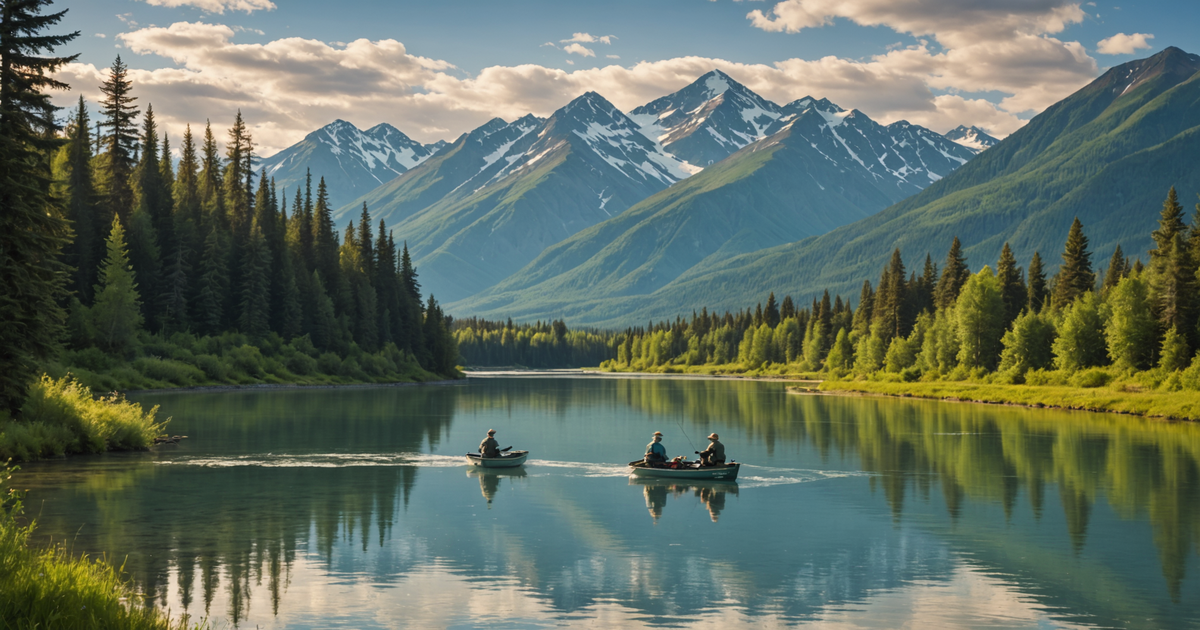 A scenic view of anglers fishing on the Kenai River in Alaska, surrounded by lush greenery and mountains.