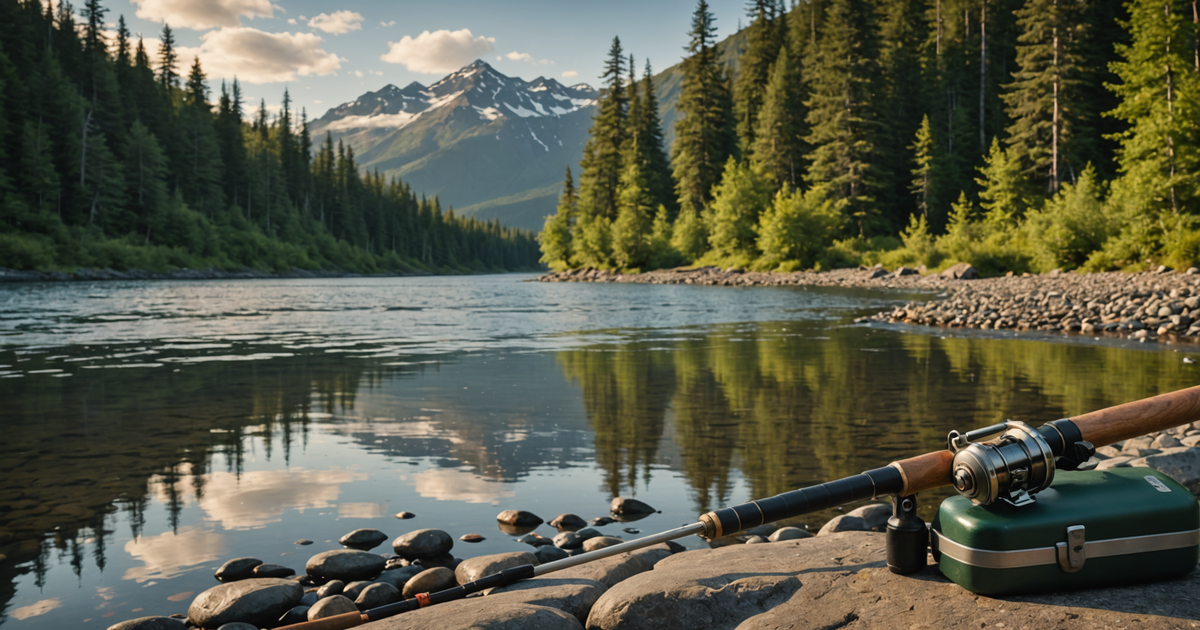 A typical king salmon reel setup, featuring a sturdy rod and reel, set against the backdrop of an Alaskan river.