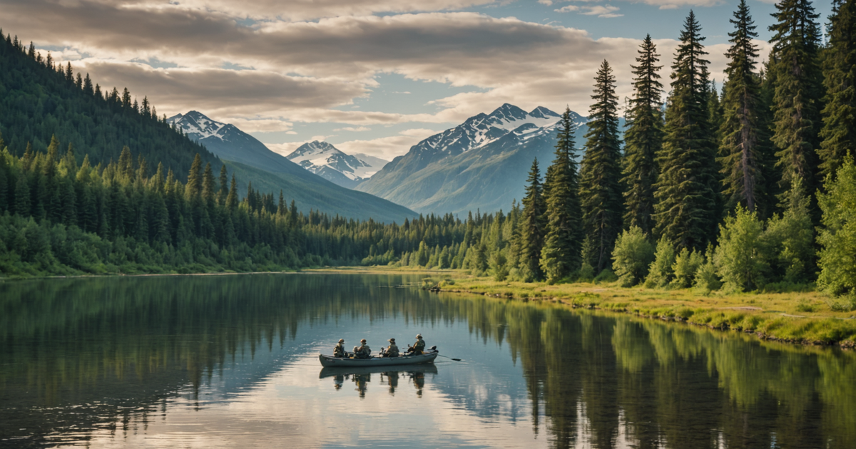 A group of anglers fishing for pink salmon in a scenic Alaskan river
