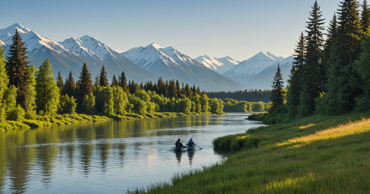 A scenic view of the Kenai River, bustling with anglers during salmon season.