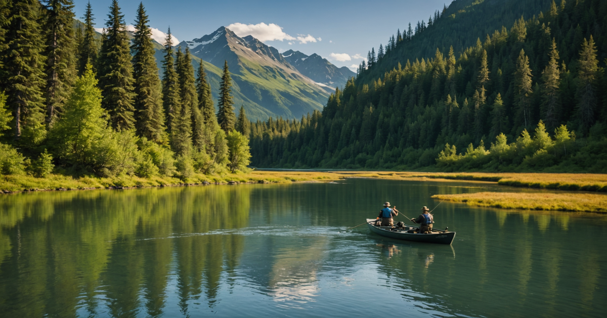 A scenic view of a popular Alaskan salmon fishing spot with anglers in action.