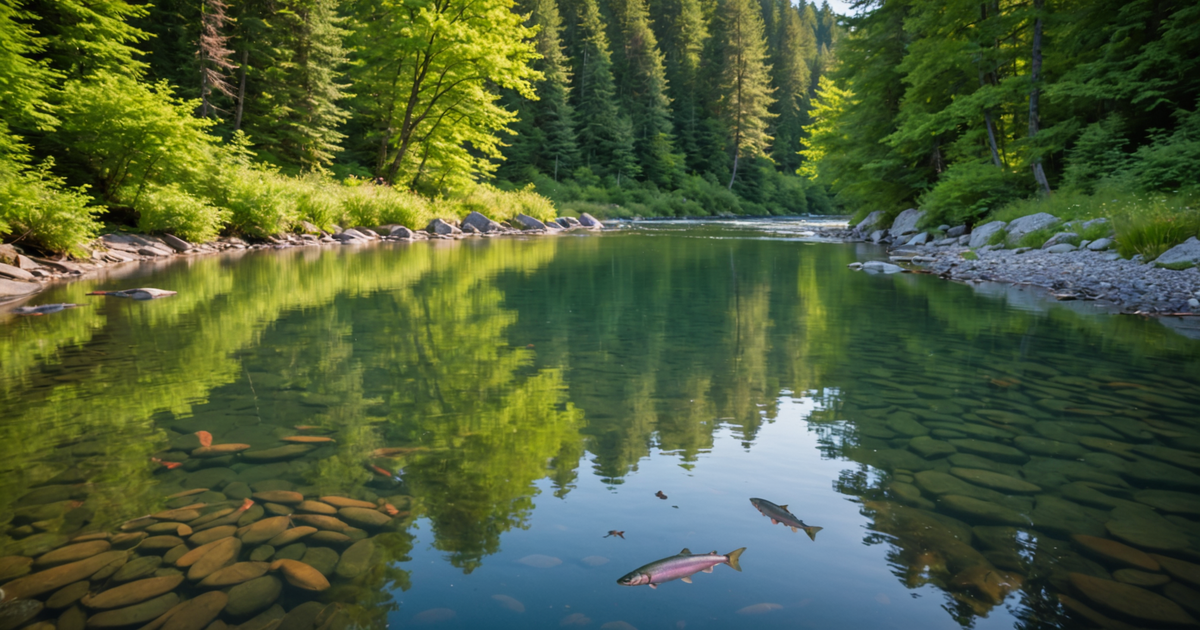 An illustration of pink salmon spawning in a freshwater stream.