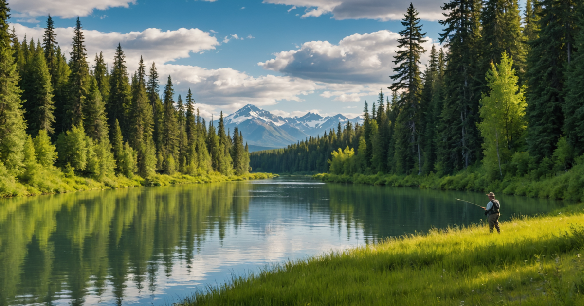 A breathtaking view of the Kenai River, surrounded by lush Alaskan wilderness, with an angler casting a line in pursuit of king salmon.