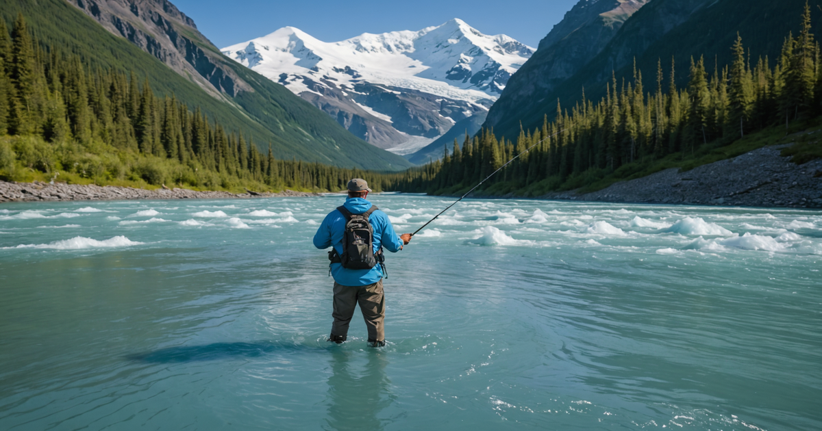 An angler in action, battling a king salmon with a picturesque Alaskan glacier in the background.