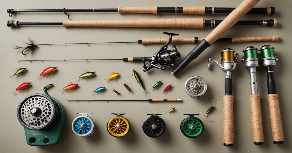 A selection of fishing gear including rods, reels, and flies suitable for salmon fishing in the Russian River.