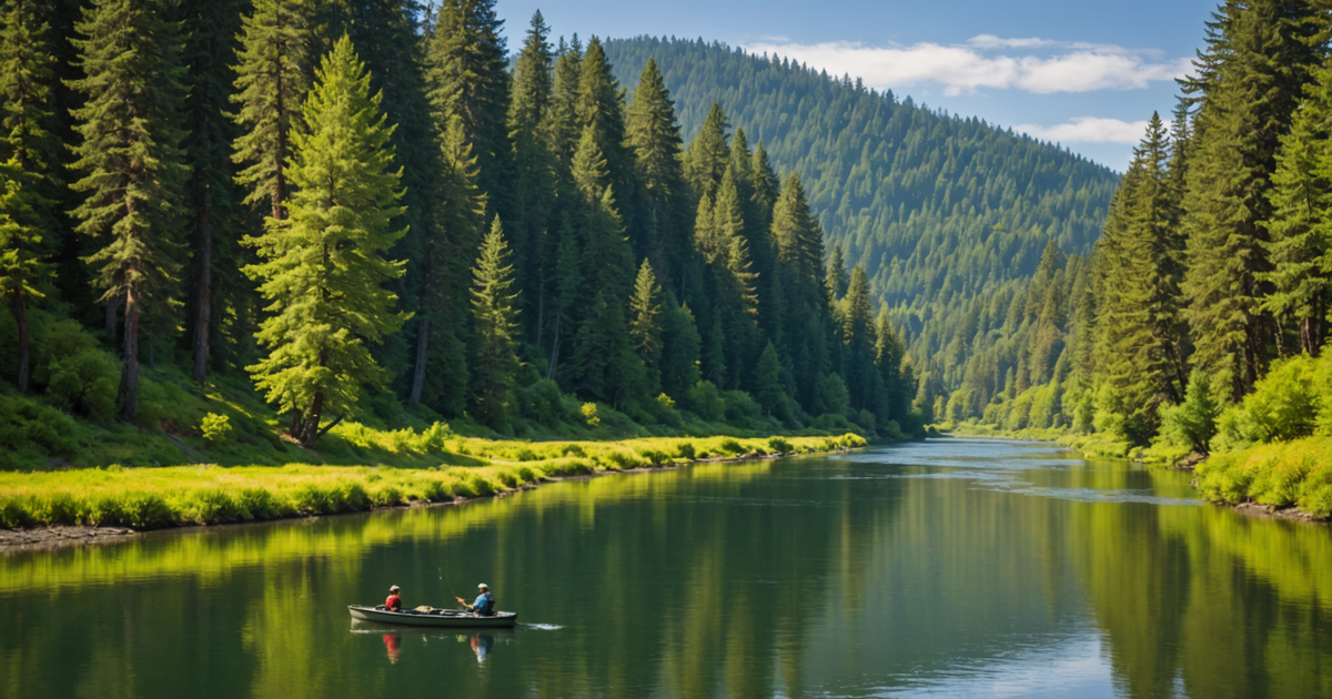 A scenic view of the Russian River with anglers fishing against a backdrop of lush forests.
