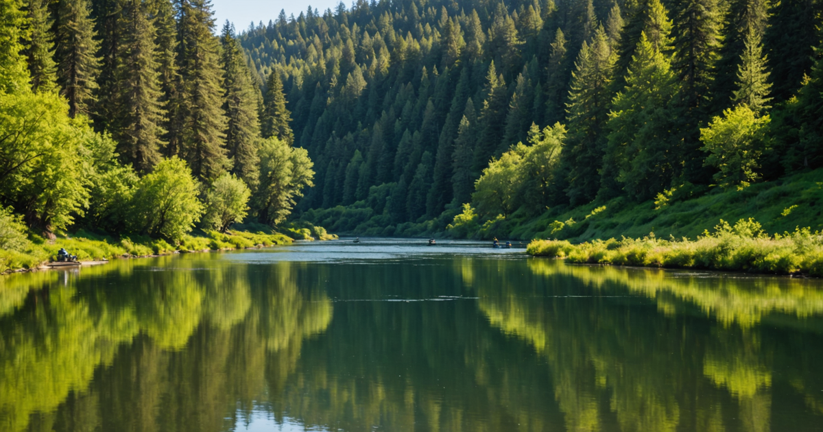 A scenic view of the Russian River with anglers fishing for salmon