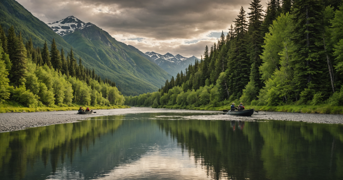 A scenic view of an Alaskan river with anglers fishing for salmon