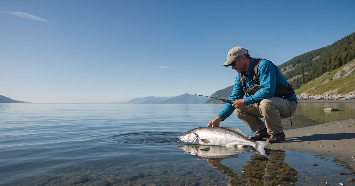 An angler releasing a halibut back into the ocean