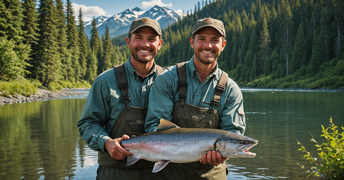 An angler holding a large salmon caught during a guided tour, with the Kenai River in the background.