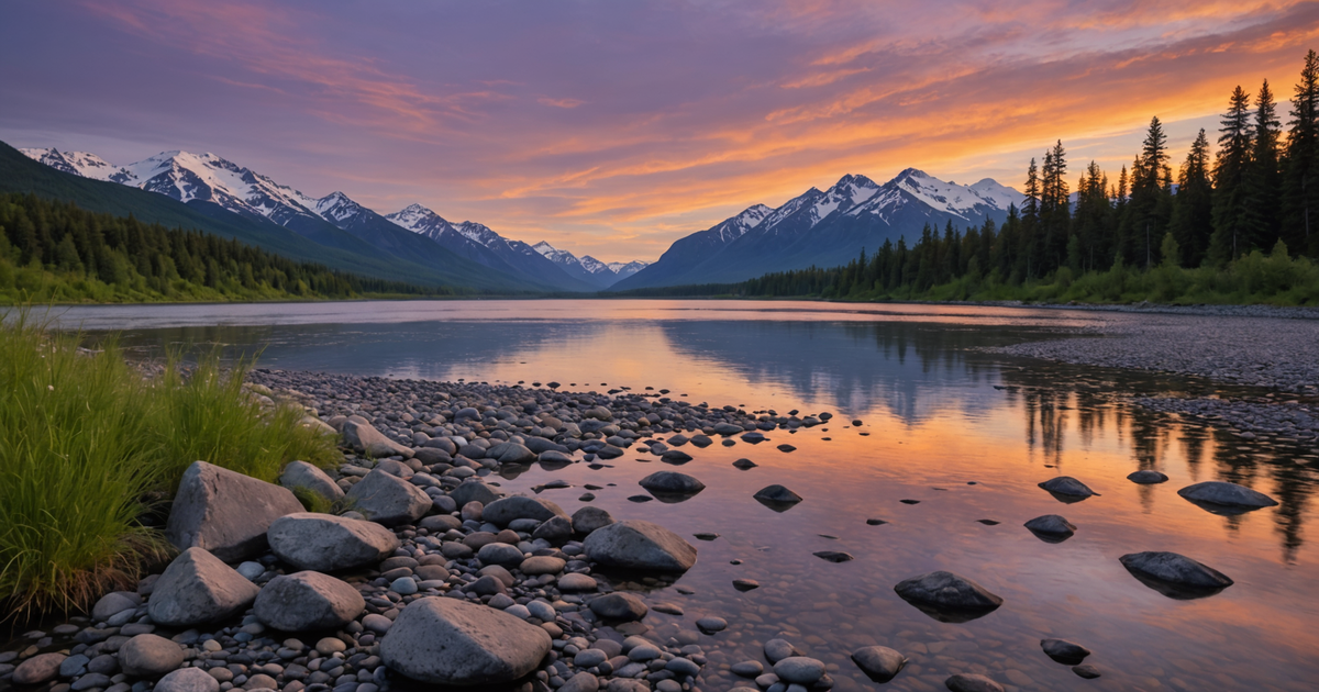 A serene view of the Kenai River at dusk, with mountains silhouetted in the background.