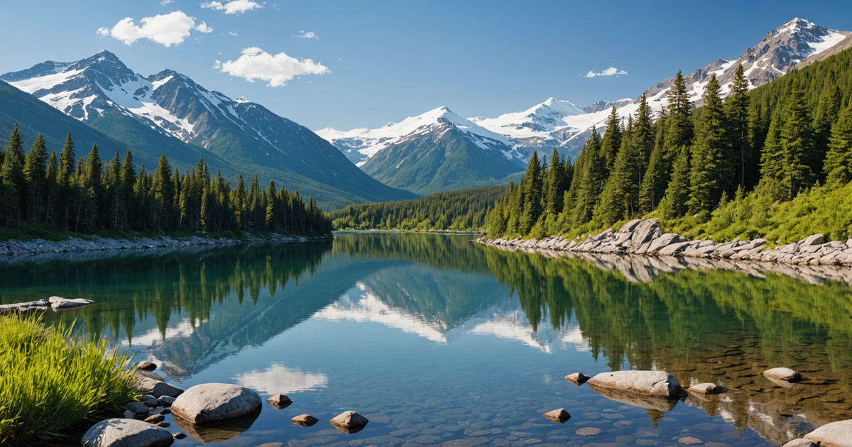 A serene view of an Anchorage waterway with snow-capped mountains in the background.