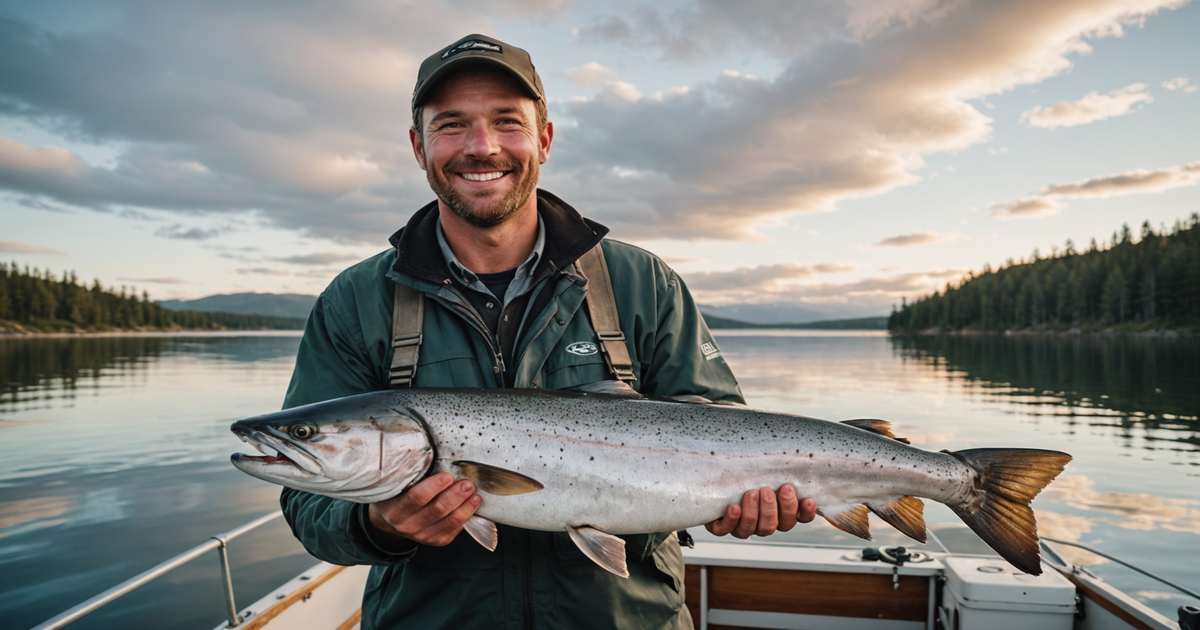 An angler proudly holding a freshly caught salmon on a fishing boat.