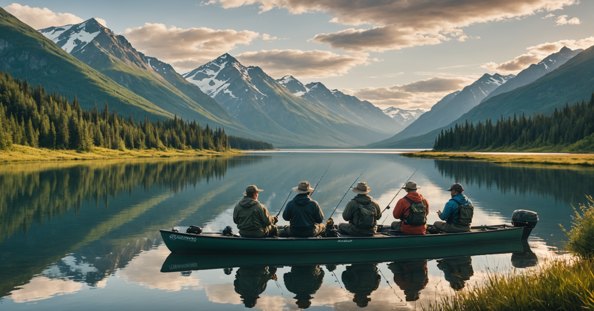 A group of anglers on a guided fishing tour, with a picturesque Alaskan backdrop