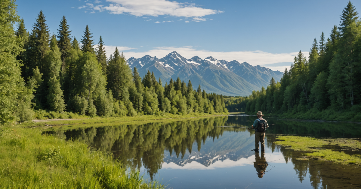 A serene view of a river in Talkeetna with an angler casting a line.