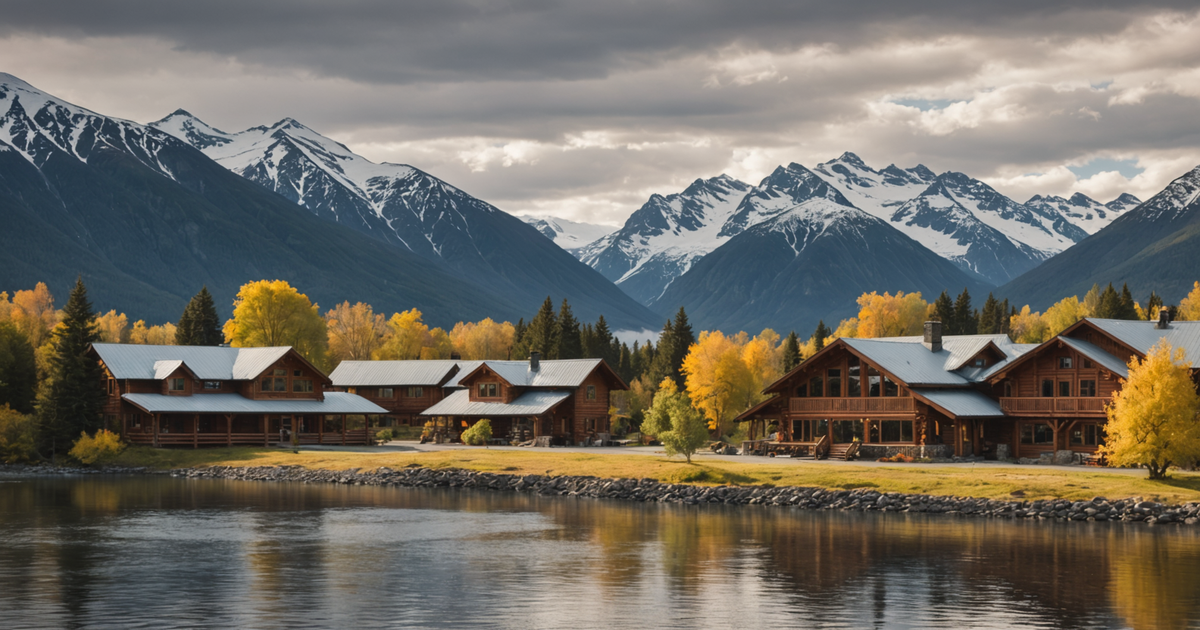 A picturesque view of a salmon fishing lodge in Alaska set against a backdrop of mountains and a flowing river.