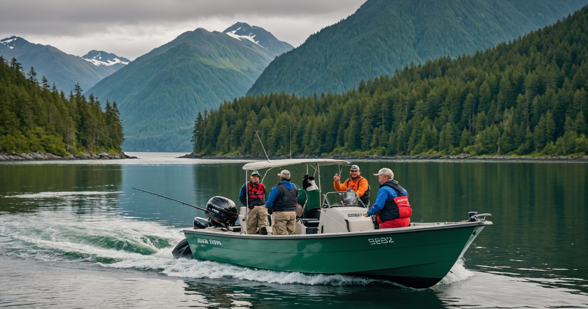 A local guide assisting anglers on a fishing boat, surrounded by Sitka's breathtaking seascape.