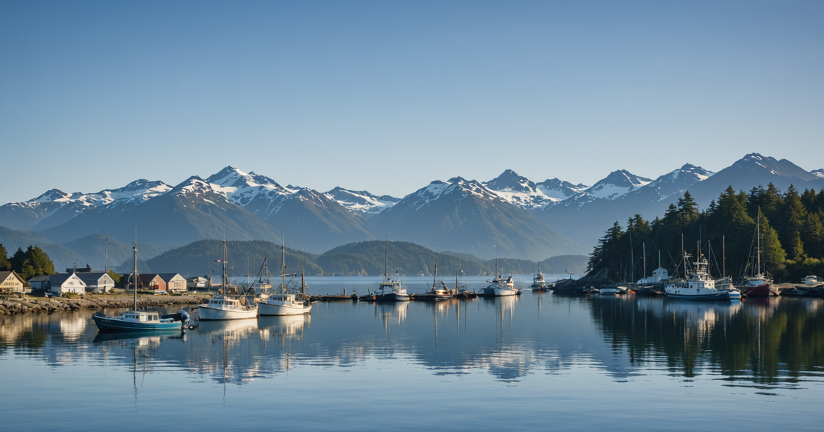 A scenic view of Sitka's coastline with fishing boats and distant mountains.
