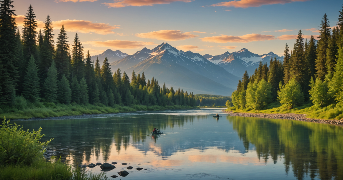 A vibrant Alaskan river scene with anglers fishing for salmon
