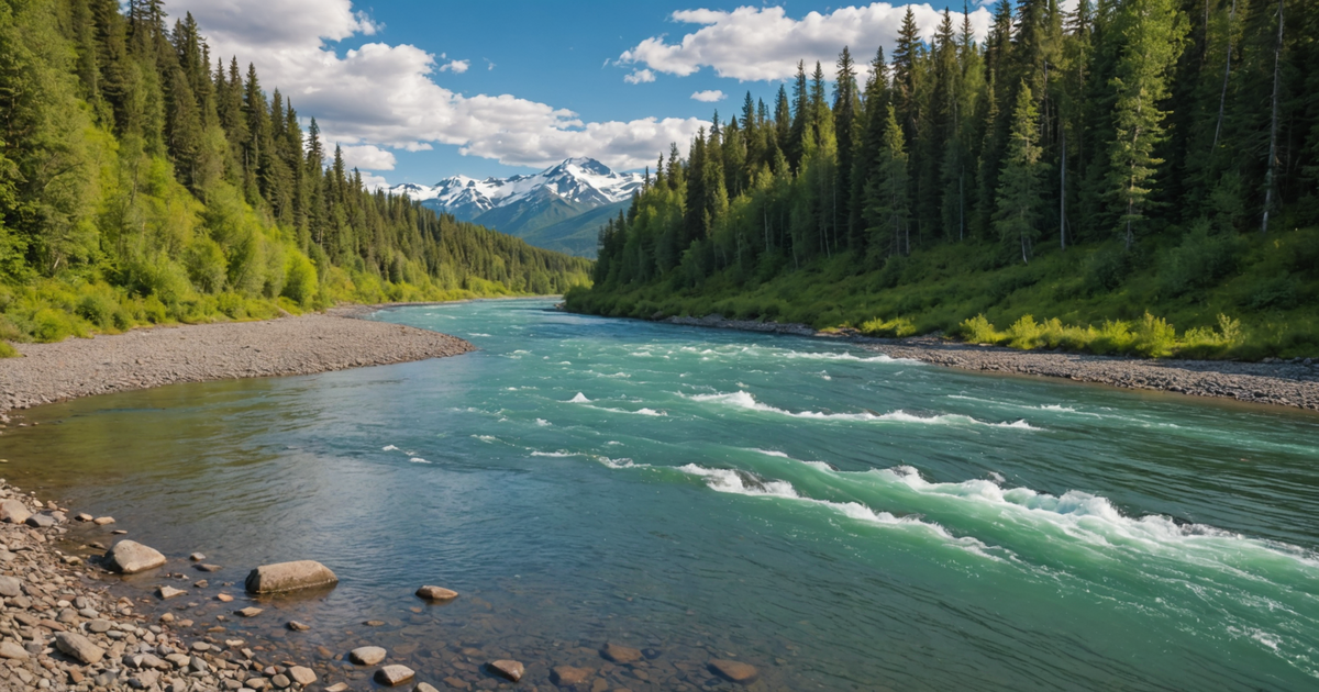 A scenic view of the Kenai River with salmon jumping out of the water