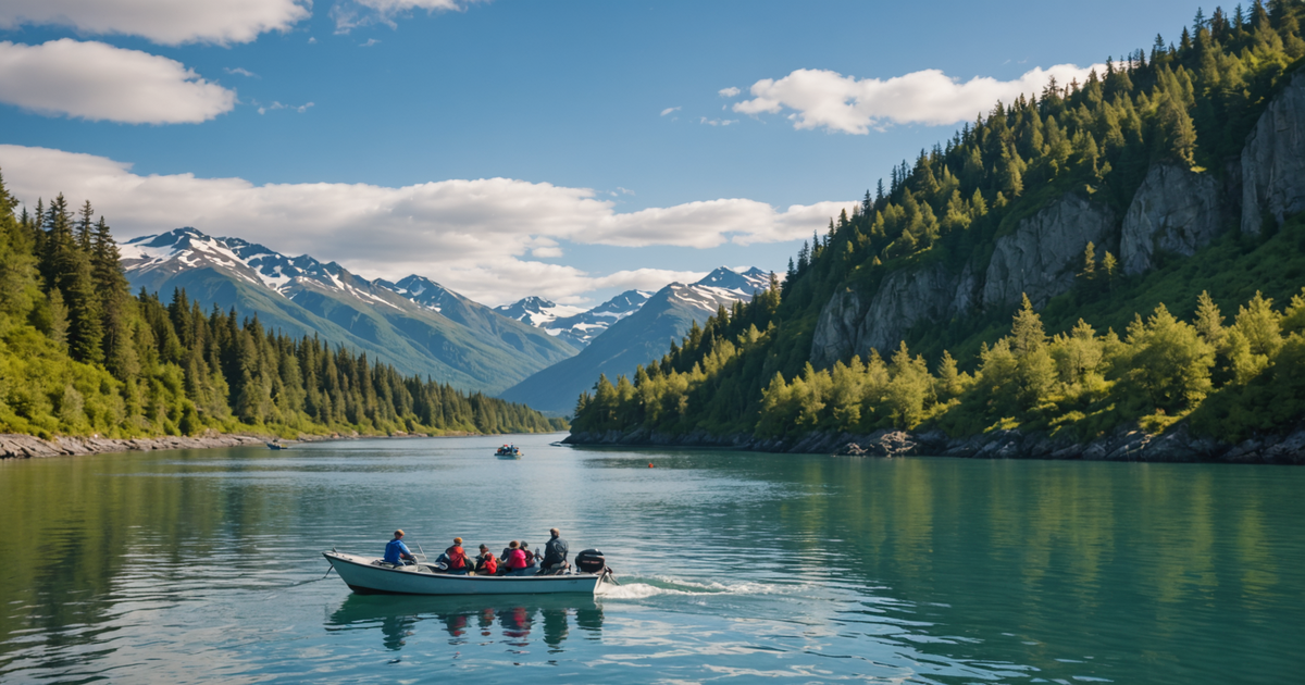 Tourists observing salmon sharks from a boat in Alaska.