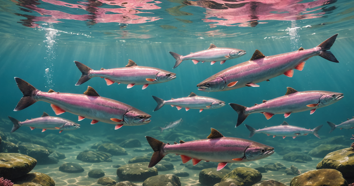 A school of Pink Salmon swimming upstream