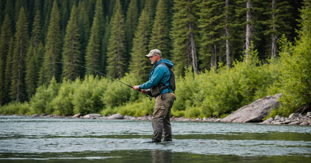 An angler successfully catching a silver salmon in an Alaskan river