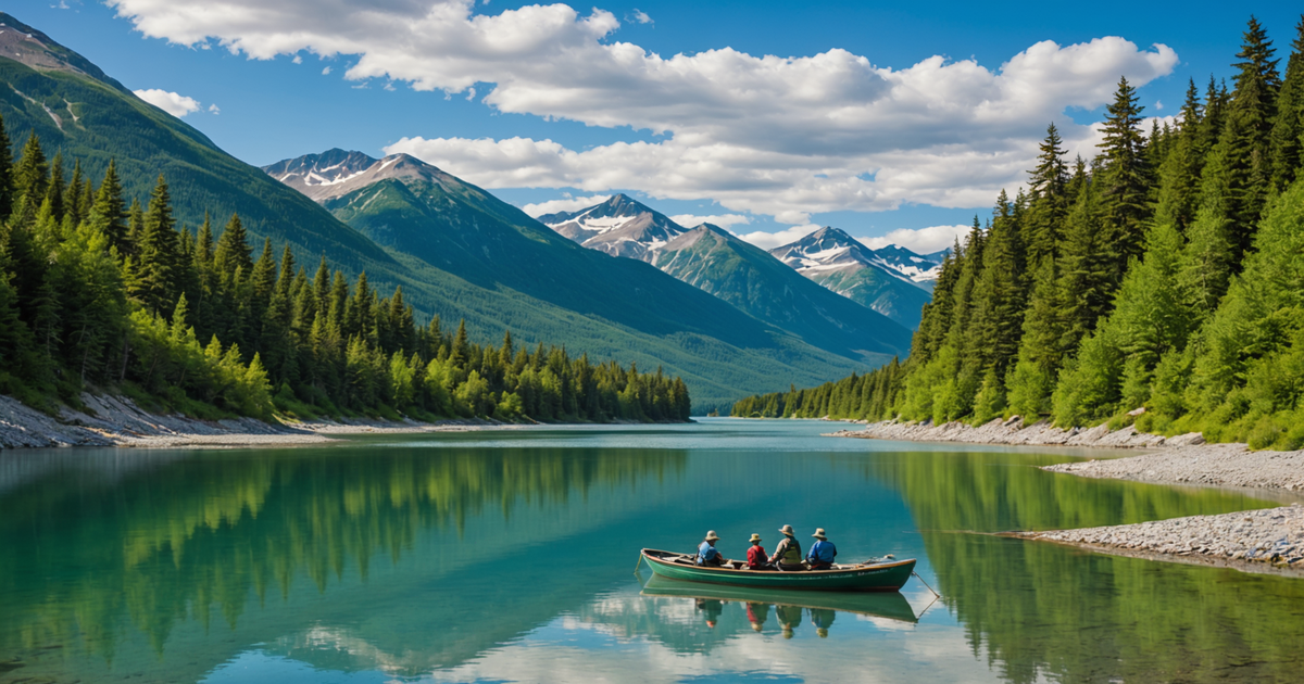 A scenic view of Skagway with anglers fishing from a boat in calm waters