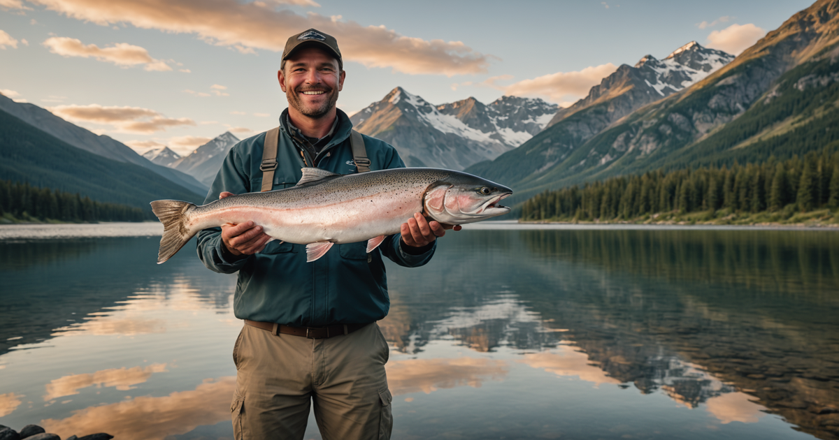 An angler proudly holding a large salmon caught in Skagway, with mountains in the background