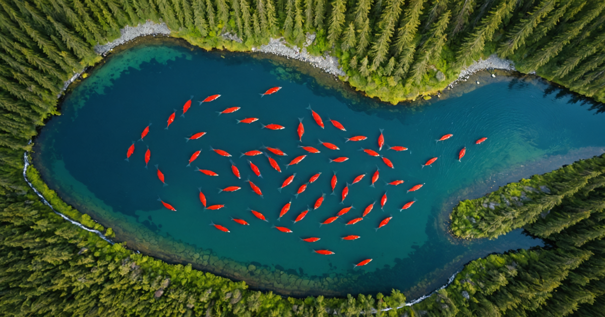 Aerial view of sockeye salmon congregating in a river