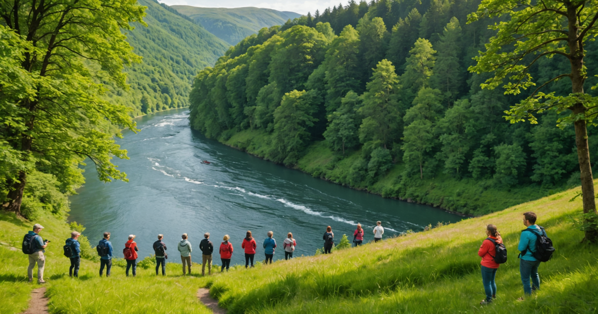 Tourists observing the salmon run from a safe distance