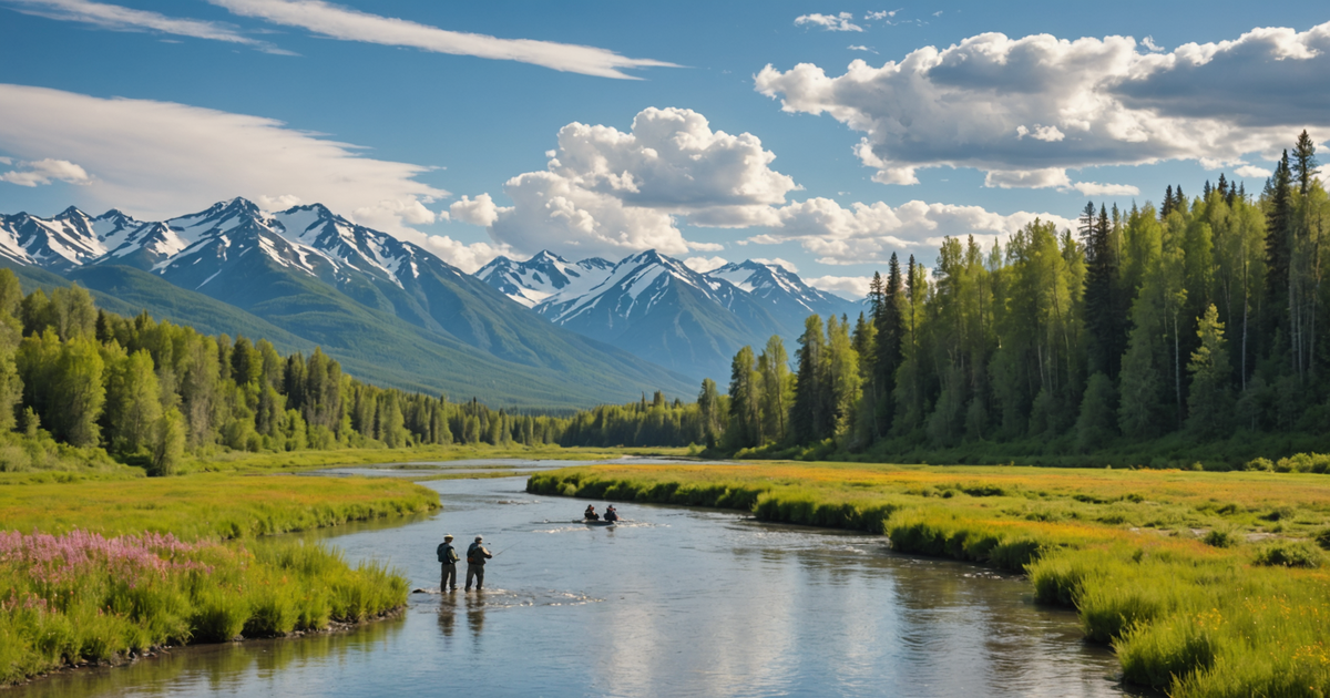 A scenic view of the Talkeetna River with anglers fishing for salmon