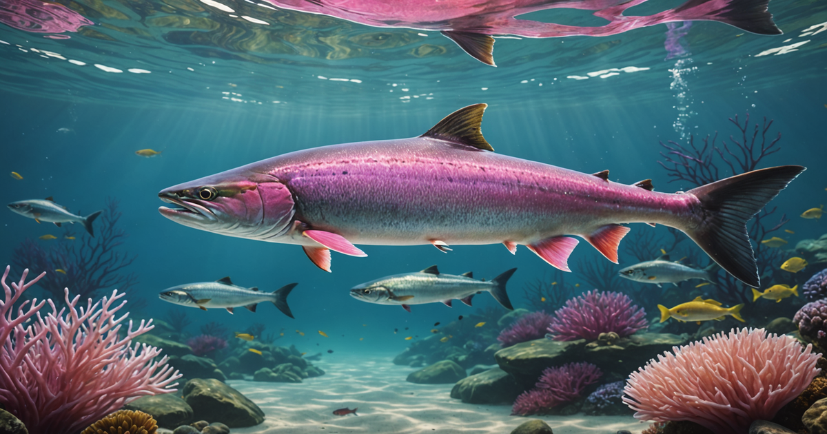 An illustration showing the colour transition of pink salmon from oceanic to spawning phase.