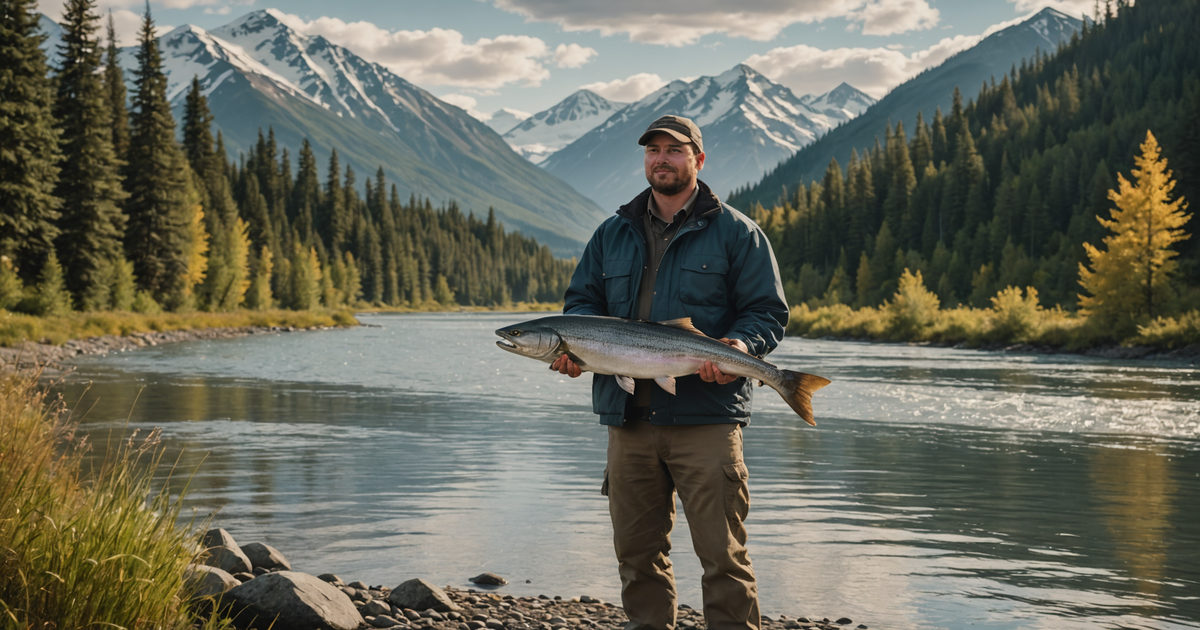 An angler holding a large Chinook salmon on the banks of the Kenai River