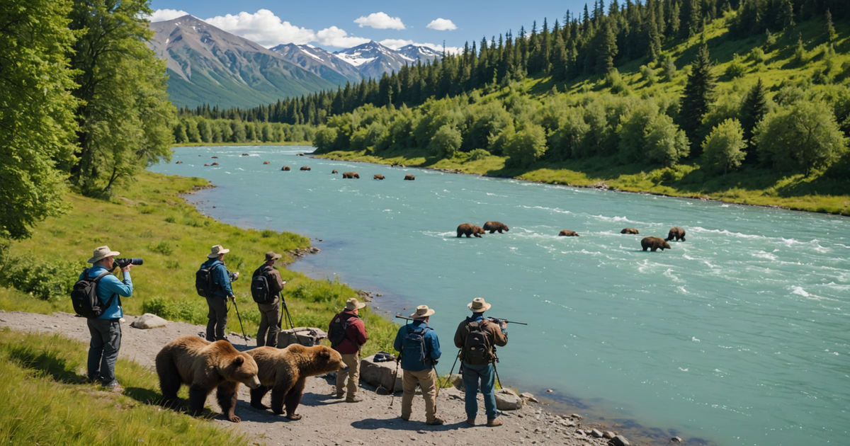 A group of tourists observing brown bears fishing for salmon in Katmai National Park.