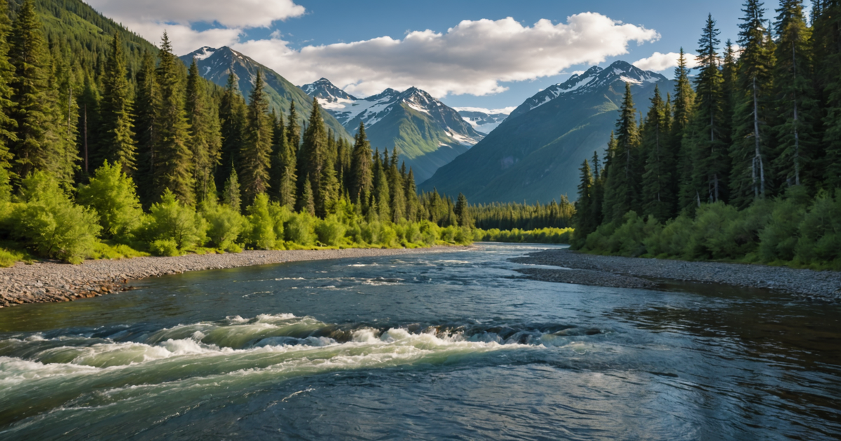 A vivid depiction of an Alaskan river teeming with salmon during a peak run period.