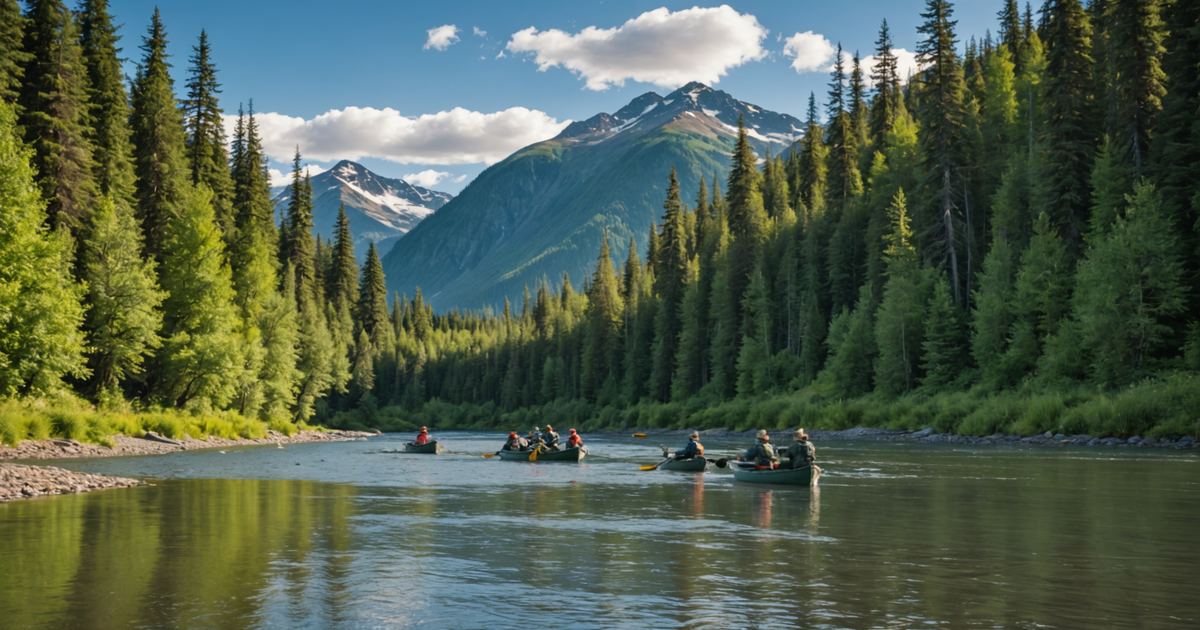 A group of anglers practising catch-and-release techniques in a pristine Alaskan river.