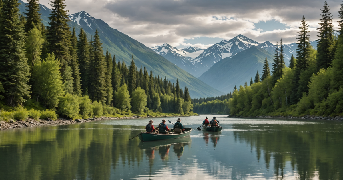 Guided fishing tour group on a river in Alaska