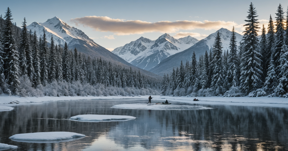 A panoramic view of a snow-covered Alaskan river with anglers fishing