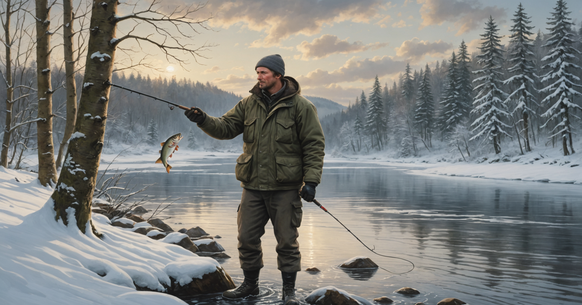 An angler successfully landing a salmon on an icy riverbank