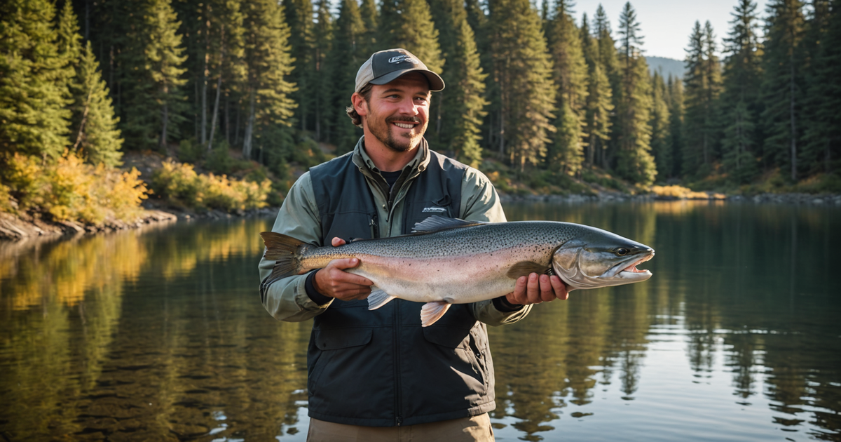 An angler triumphantly holding a large Chinook salmon