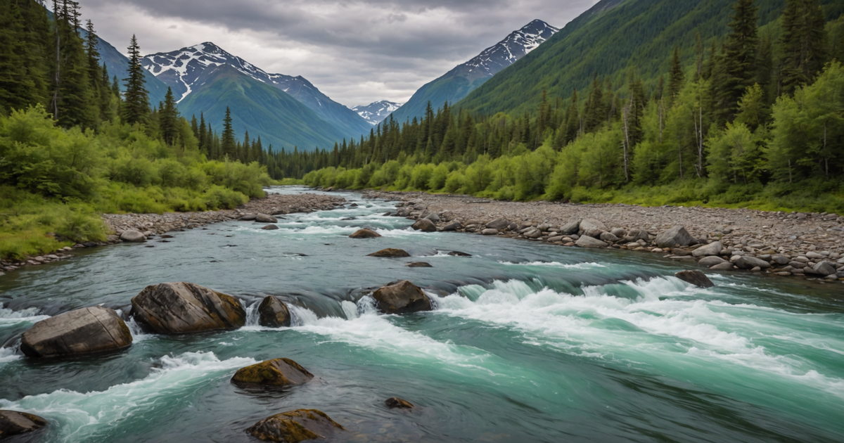A vibrant Alaskan river teeming with salmon during a spawning run