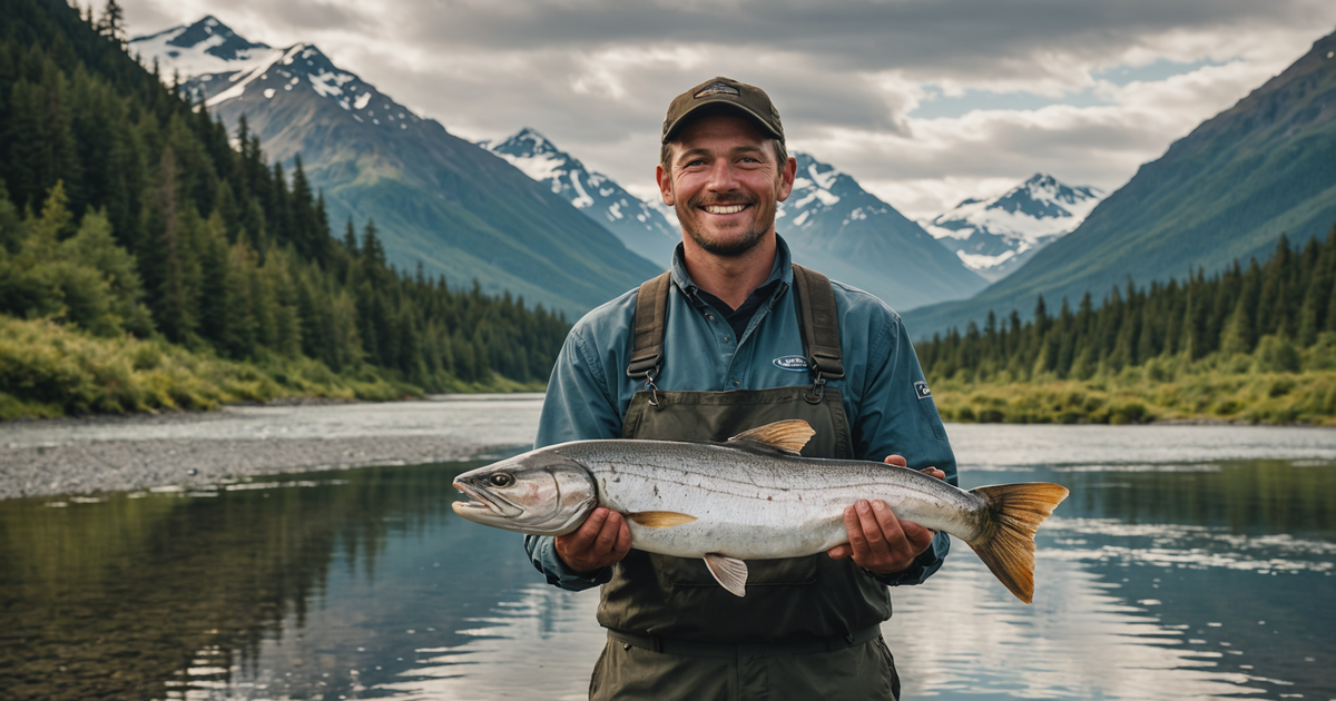 An angler proudly holding a large chum salmon amidst an Alaskan backdrop