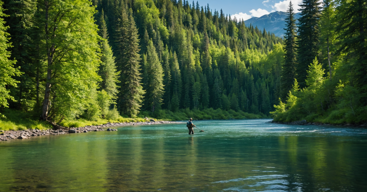 An angler casting a line in an Alaskan river, surrounded by a lush forest.