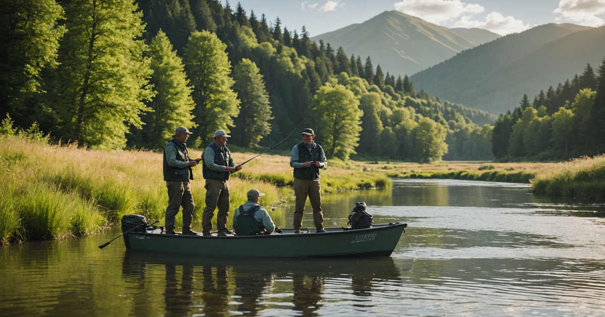 A group of anglers on a guided fishing trip, successfully landing a salmon.