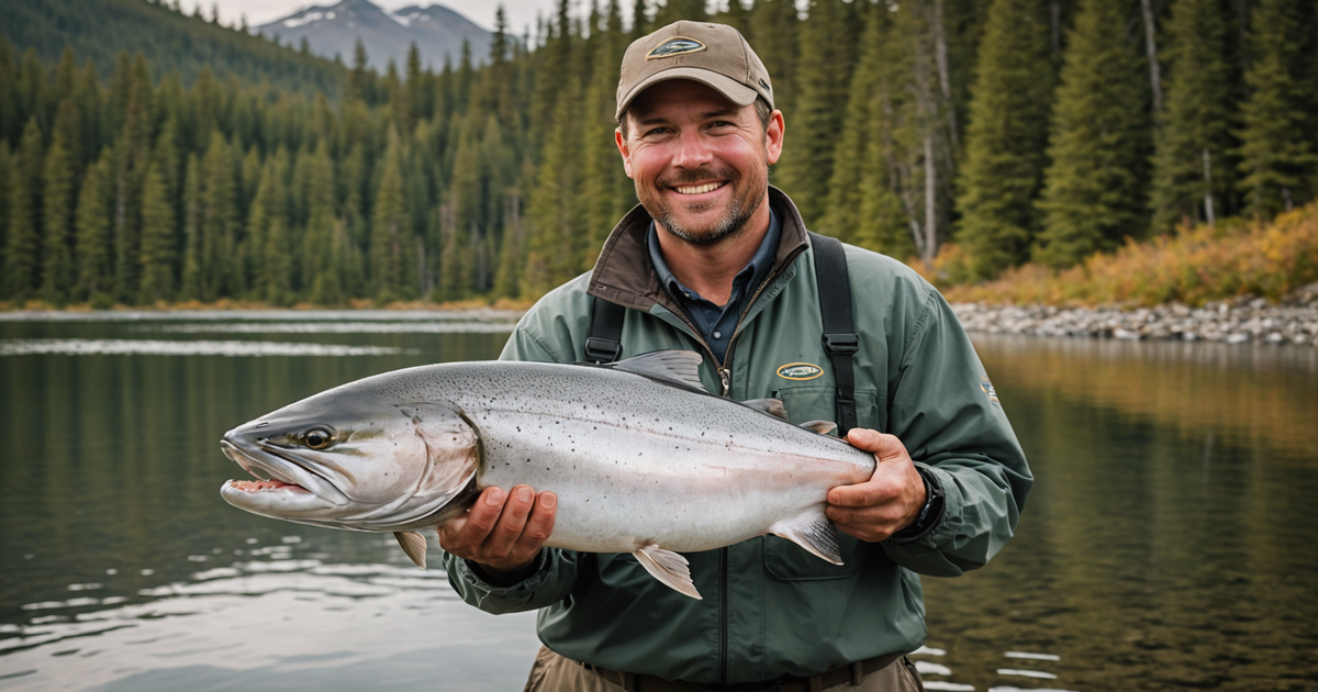 A satisfied angler holding a large Alaskan salmon
